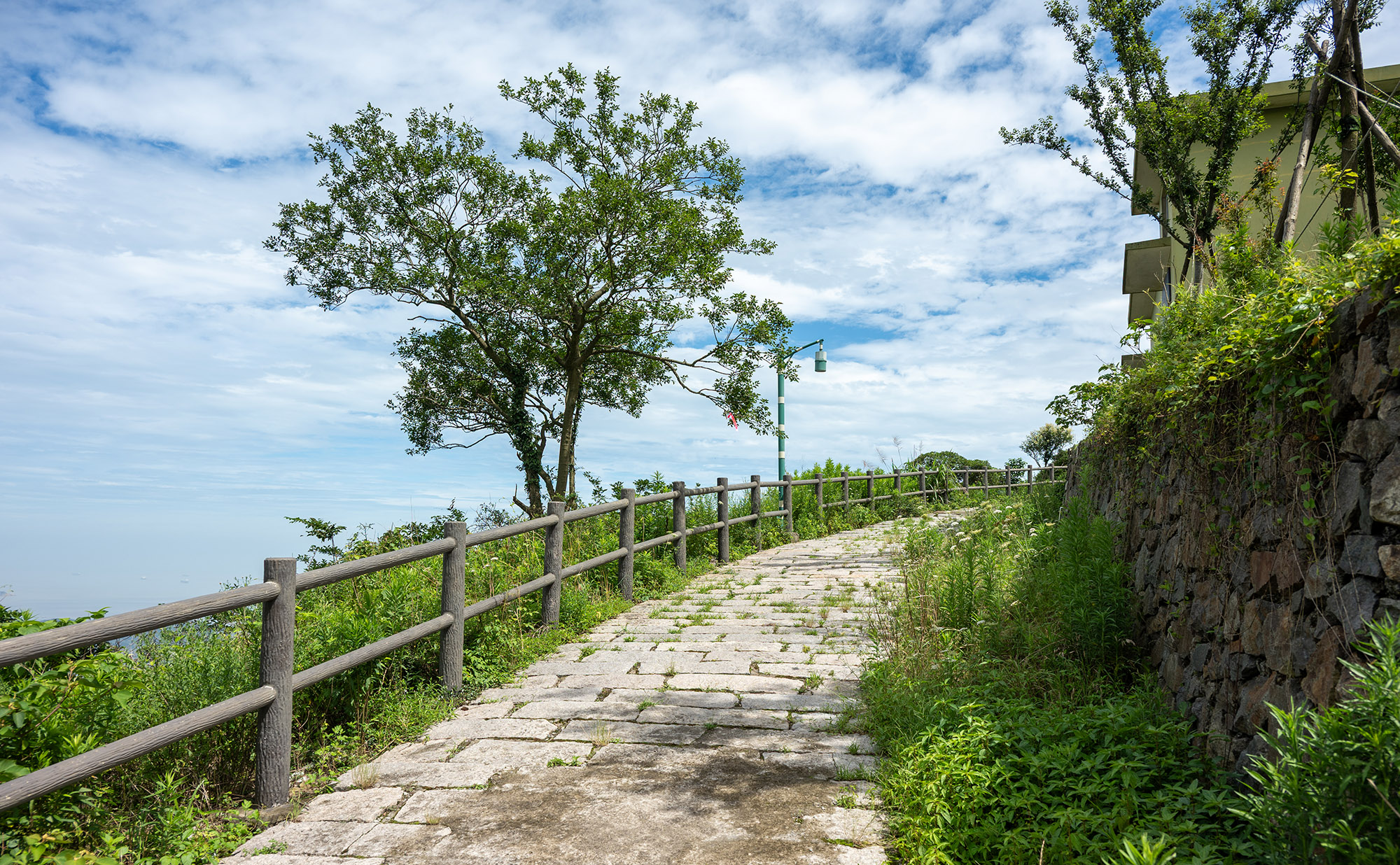 观音山山间石板步道，旁边绿树成荫，海风拂面